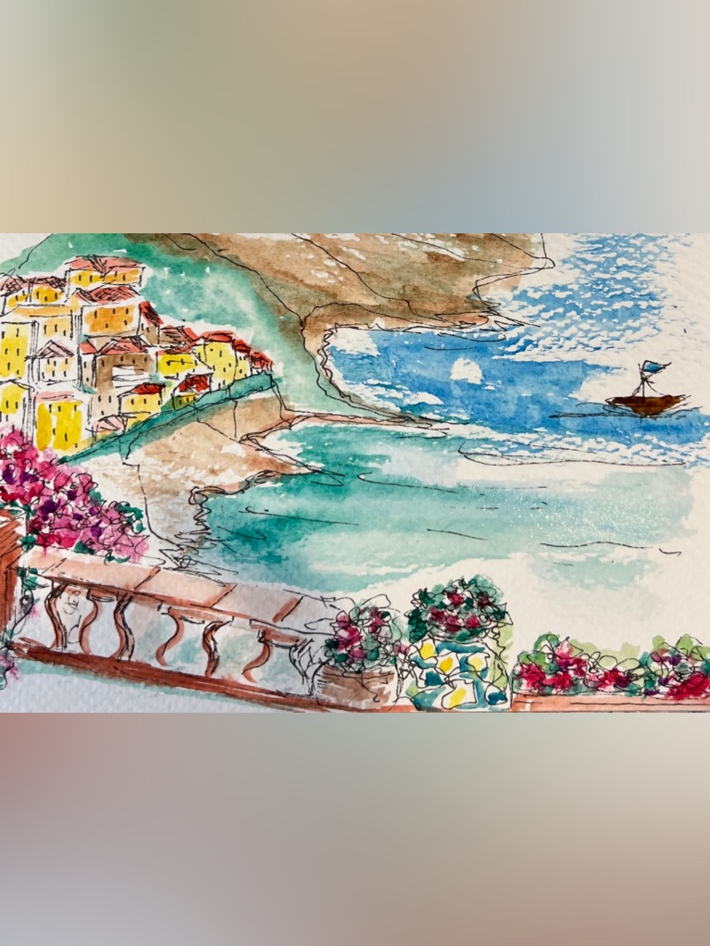 Original hand painted watercolor, amafia coast, Italy, wall decor